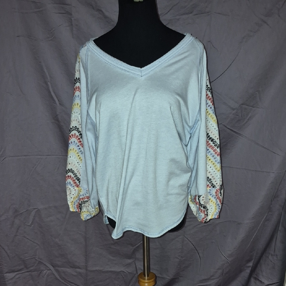 Hummingbird Light Gray Blouse with Multicolored Sleeves